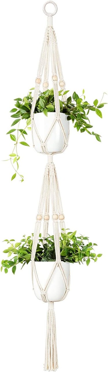 2 Tier Hanging Planter Basket Cotton Rope with Beads 4 Legs 49 Inches (Ivory)